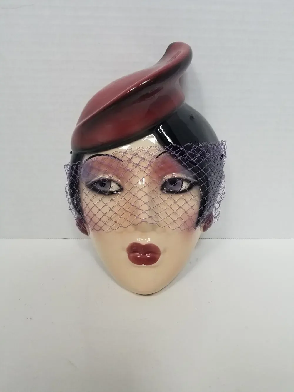 Vintage Woman’s Face Ceramic Wall Mask Clay Art Of San Francisco Net Veil 9.5”in